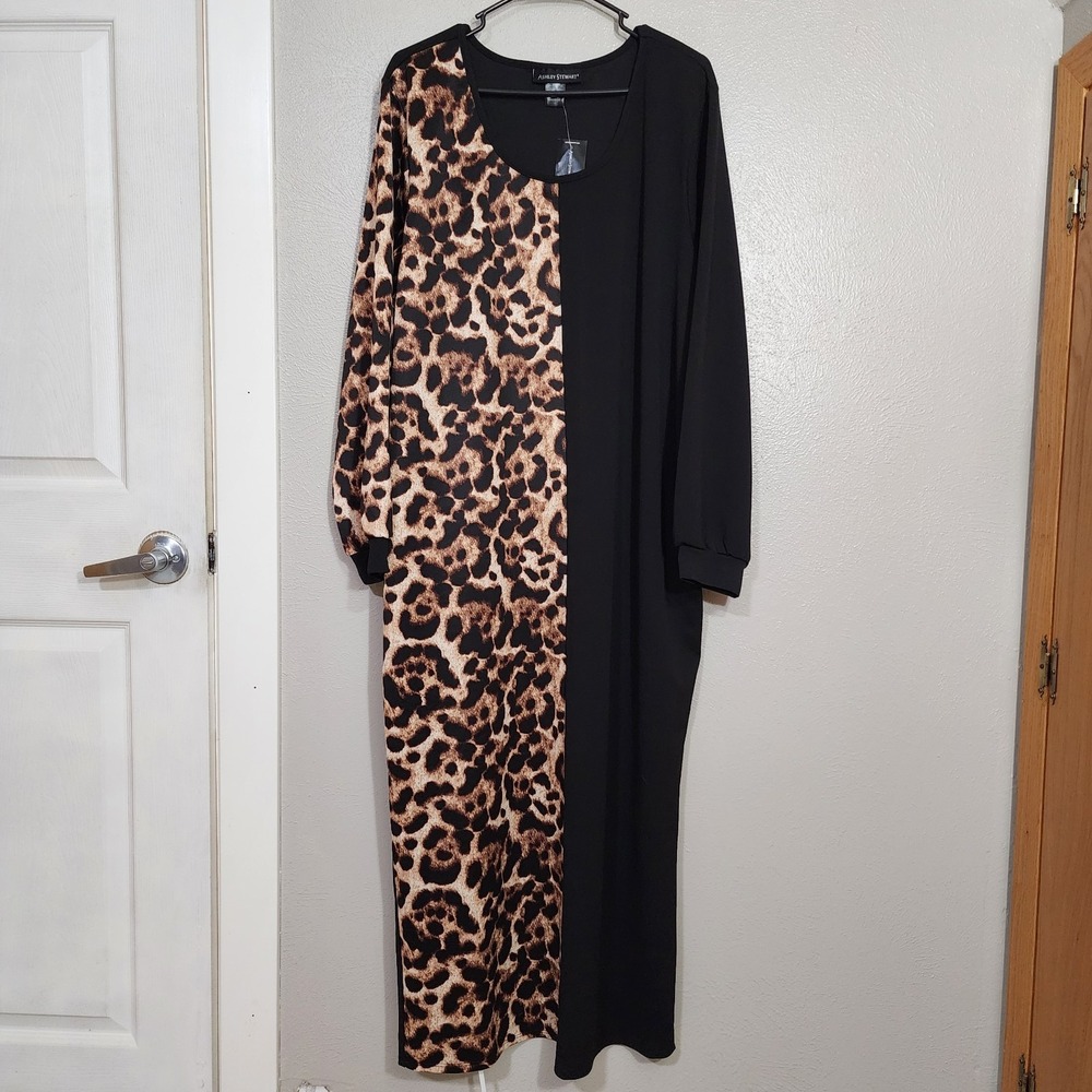 Ashley Stewart 22/24 Knit Colorblock Midi Dress Animal Print Bodycon‎ Cheetah